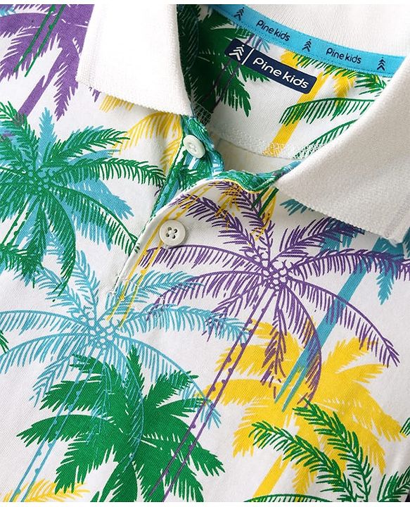 Pine Kids Cotton Knit Half Sleeves Polo T-Shirt with Coconut Tree Print - White
