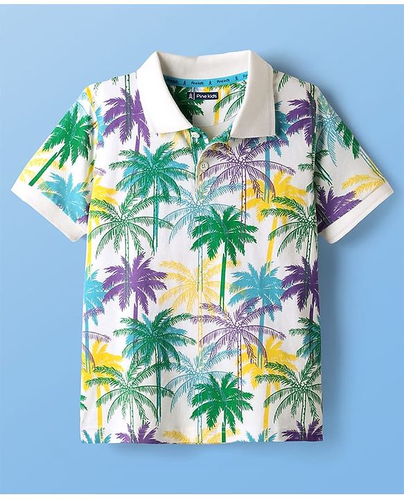 Pine Kids Cotton Knit Half Sleeves Polo T-Shirt with Coconut Tree Print - White