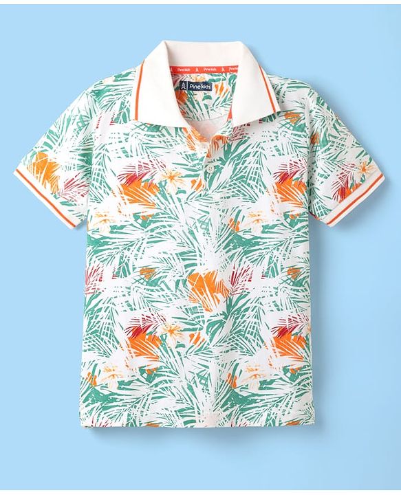 Pine Kids Cotton Knit Half Sleeves Polo T-Shirt With Tropical Print - White