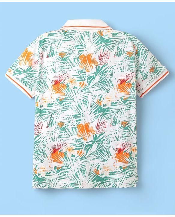 Pine Kids Cotton Knit Half Sleeves Polo T-Shirt With Tropical Print - White