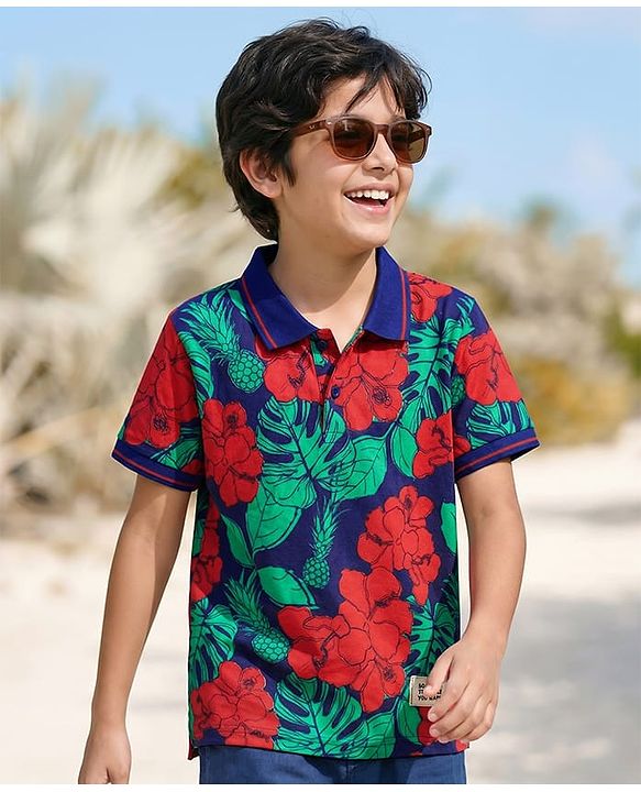 Pine Kids Cotton Knit Half Sleeves Polo T-Shirt with Floral  Print - Navy Blue