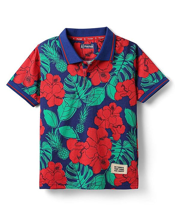 Pine Kids Cotton Knit Half Sleeves Polo T-Shirt with Floral  Print - Navy Blue