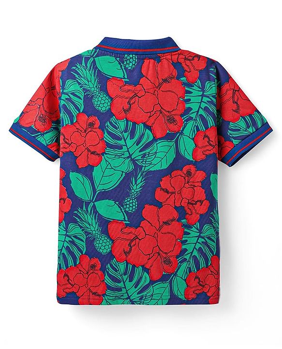 Pine Kids Cotton Knit Half Sleeves Polo T-Shirt with Floral  Print - Navy Blue