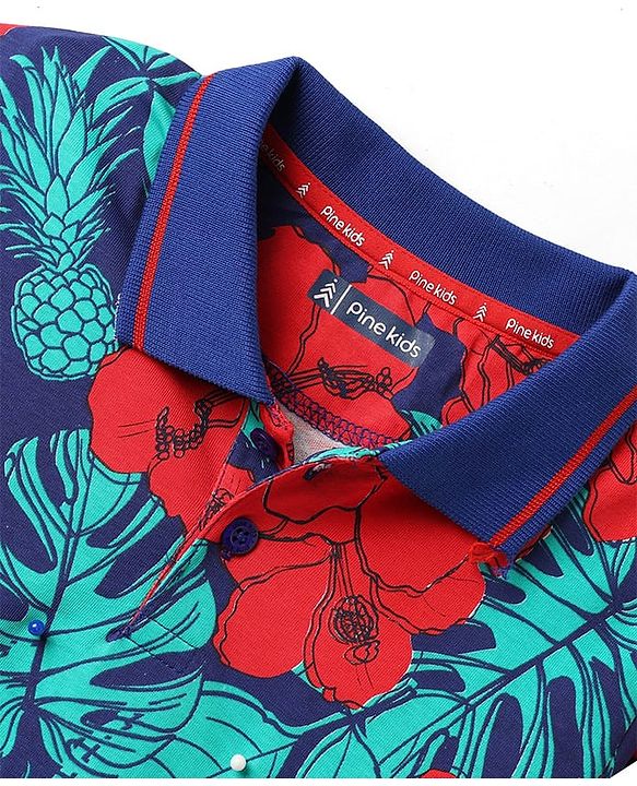 Pine Kids Cotton Knit Half Sleeves Polo T-Shirt with Floral  Print - Navy Blue