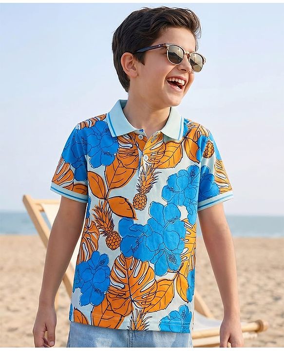 Pine Kids Cotton Knit Half Sleeves Polo T-Shirt with Floral Print - Blue & White
