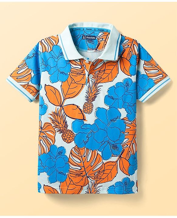 Pine Kids Cotton Knit Half Sleeves Polo T-Shirt with Floral Print - Blue & White