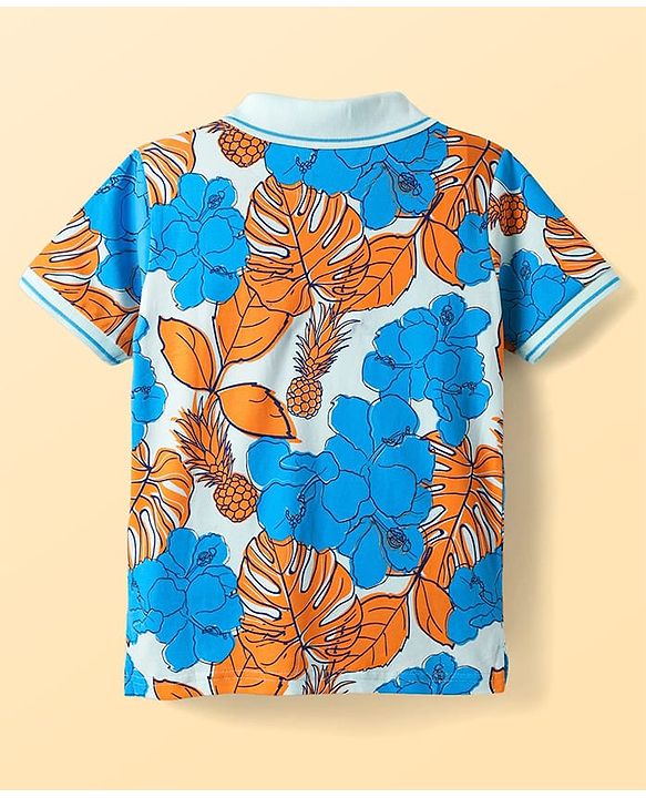 Pine Kids Cotton Knit Half Sleeves Polo T-Shirt with Floral Print - Blue & White