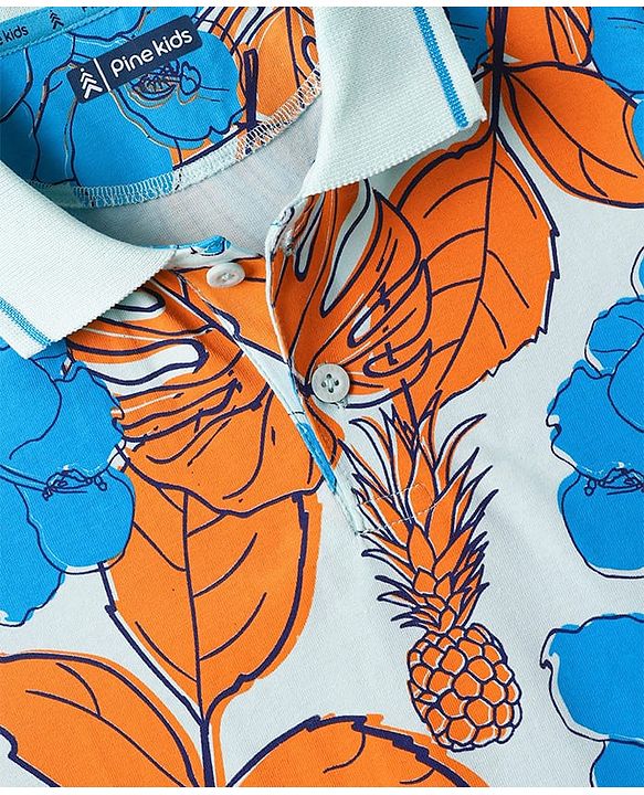 Pine Kids Cotton Knit Half Sleeves Polo T-Shirt with Floral Print - Blue & White