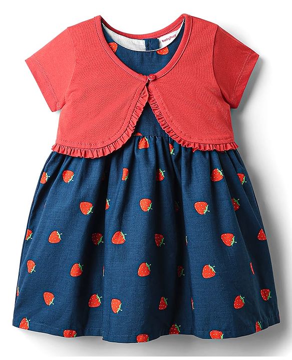 Babyhug Cotton Woven Half Sleeves Shrug & Frock with Fruit Print & Frill Detailing - Navy Blue & Red