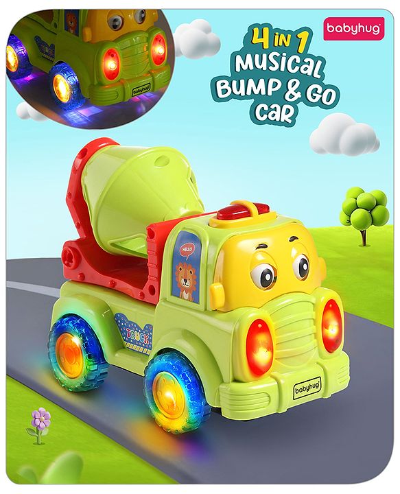 Babyhug 4 in 1 Musical Bump & Go Construction Series Cement Mixer Truck - Green| |BIS Aprroved| Moving Eye | Shape & Color Recognition| Light & Music| Spatial Awareness| Cause & Effect - Yellow
