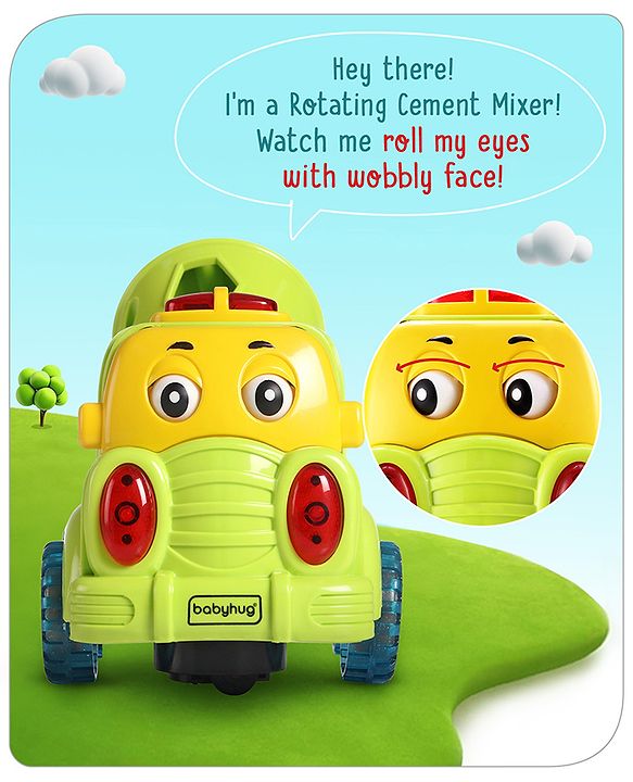 Babyhug 4 in 1 Musical Bump & Go Construction Series Cement Mixer Truck - Green| |BIS Aprroved| Moving Eye | Shape & Color Recognition| Light & Music| Spatial Awareness| Cause & Effect - Yellow