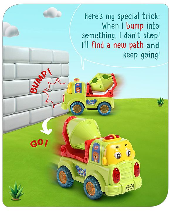 Babyhug 4 in 1 Musical Bump & Go Construction Series Cement Mixer Truck - Green| |BIS Aprroved| Moving Eye | Shape & Color Recognition| Light & Music| Spatial Awareness| Cause & Effect - Yellow