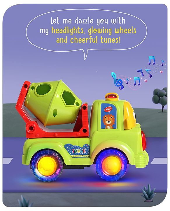 Babyhug 4 in 1 Musical Bump & Go Construction Series Cement Mixer Truck - Green| |BIS Aprroved| Moving Eye | Shape & Color Recognition| Light & Music| Spatial Awareness| Cause & Effect - Yellow