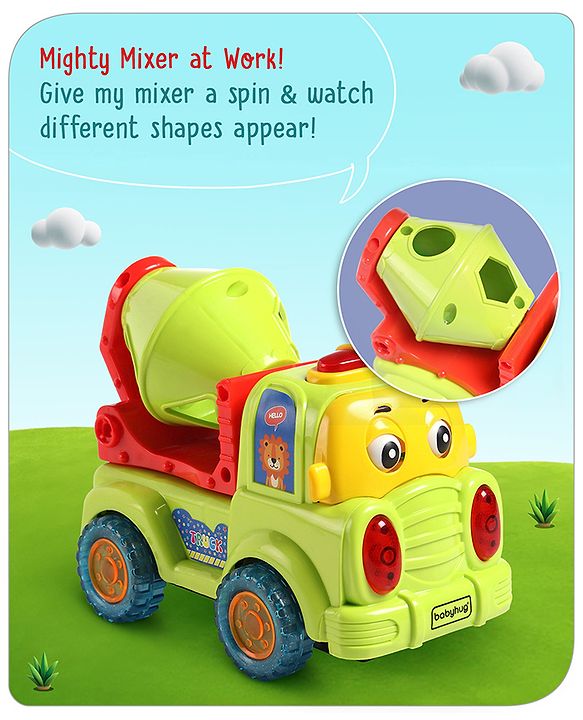 Babyhug 4 in 1 Musical Bump & Go Construction Series Cement Mixer Truck - Green| |BIS Aprroved| Moving Eye | Shape & Color Recognition| Light & Music| Spatial Awareness| Cause & Effect - Yellow