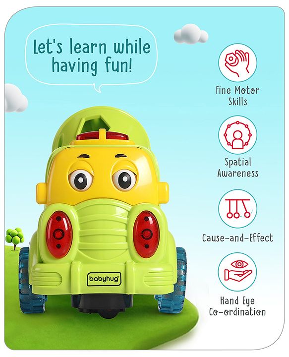 Babyhug 4 in 1 Musical Bump & Go Construction Series Cement Mixer Truck - Green| |BIS Aprroved| Moving Eye | Shape & Color Recognition| Light & Music| Spatial Awareness| Cause & Effect - Yellow