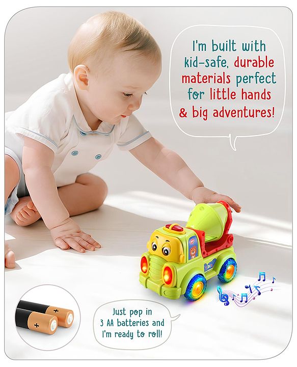 Babyhug 4 in 1 Musical Bump & Go Construction Series Cement Mixer Truck - Green| |BIS Aprroved| Moving Eye | Shape & Color Recognition| Light & Music| Spatial Awareness| Cause & Effect - Yellow