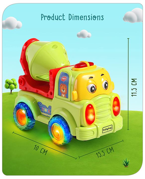 Babyhug 4 in 1 Musical Bump & Go Construction Series Cement Mixer Truck - Green| |BIS Aprroved| Moving Eye | Shape & Color Recognition| Light & Music| Spatial Awareness| Cause & Effect - Yellow