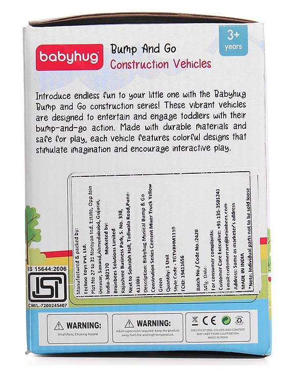 Babyhug 4 in 1 Musical Bump & Go Construction Series Cement Mixer Truck - Green| |BIS Aprroved| Moving Eye | Shape & Color Recognition| Light & Music| Spatial Awareness| Cause & Effect - Yellow