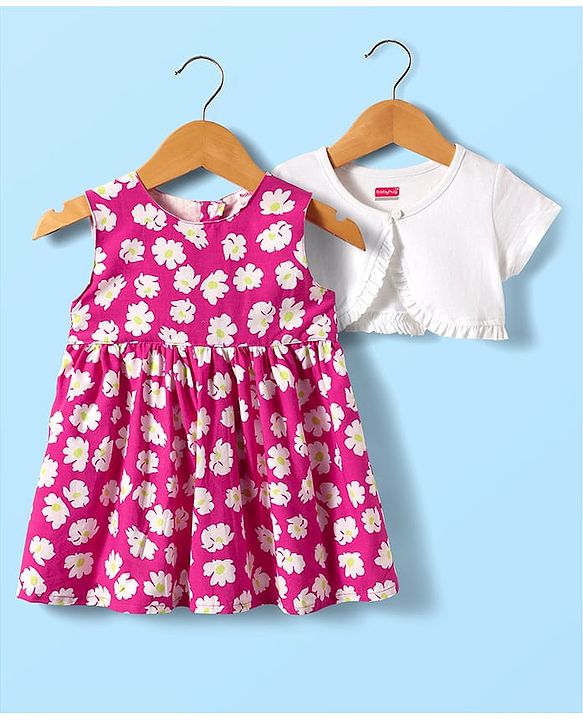 Babyhug Cotton Woven Half Sleeves Shrug & Frock With Floral Print - Dark Pink