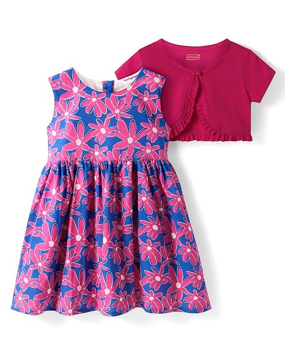 Babyhug Cotton Woven Floral Printed Frock with Half Sleeves Solid Shrug - Blue & Red