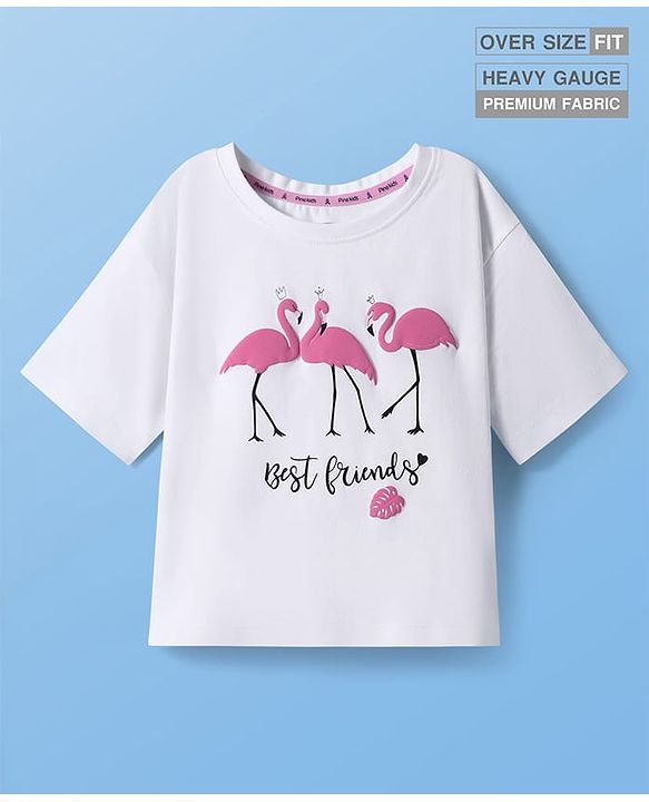 Pine Kids Cotton Knit Half Sleeves Oversized T-Shirt with Flamingo Puff Print - White