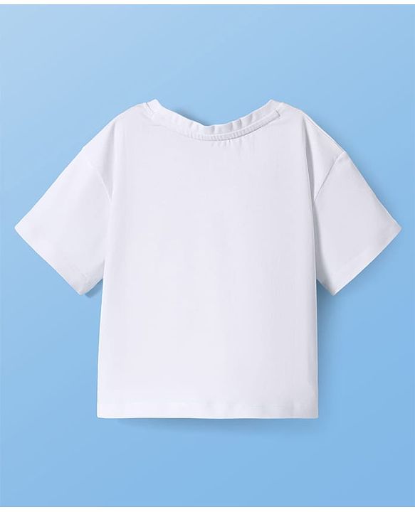 Pine Kids Cotton Knit Half Sleeves Oversized T-Shirt with Flamingo Puff Print - White