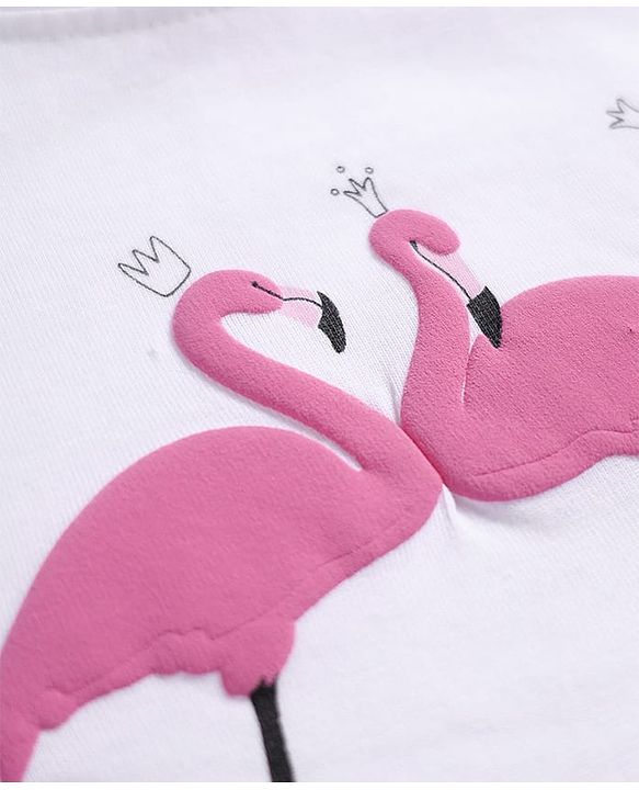 Pine Kids Cotton Knit Half Sleeves Oversized T-Shirt with Flamingo Puff Print - White