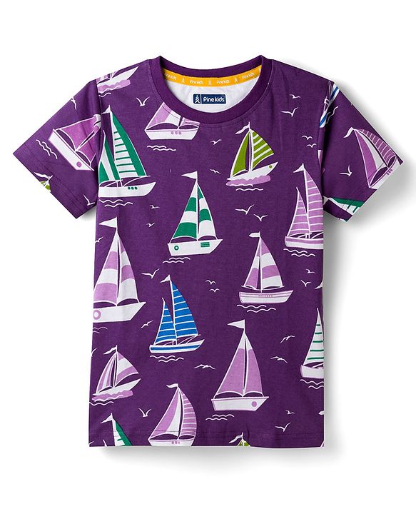 Pine Kids Cotton Knit T-Shirt With Boat Theme Print - Purple