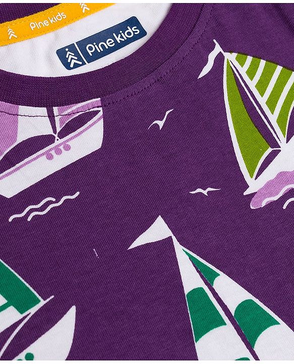 Pine Kids Cotton Knit T-Shirt With Boat Theme Print - Purple