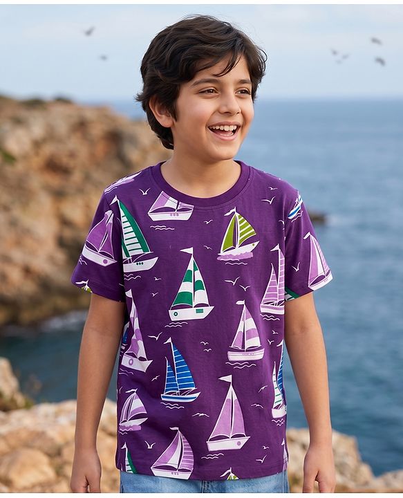 Pine Kids Cotton Knit T-Shirt With Boat Theme Print - Purple