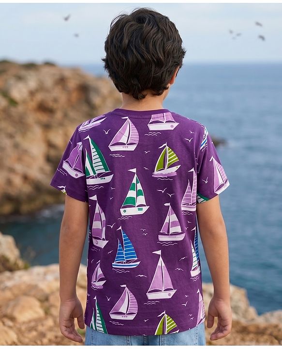 Pine Kids Cotton Knit T-Shirt With Boat Theme Print - Purple