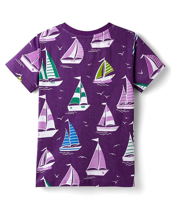 Pine Kids Cotton Knit T-Shirt With Boat Theme Print - Purple