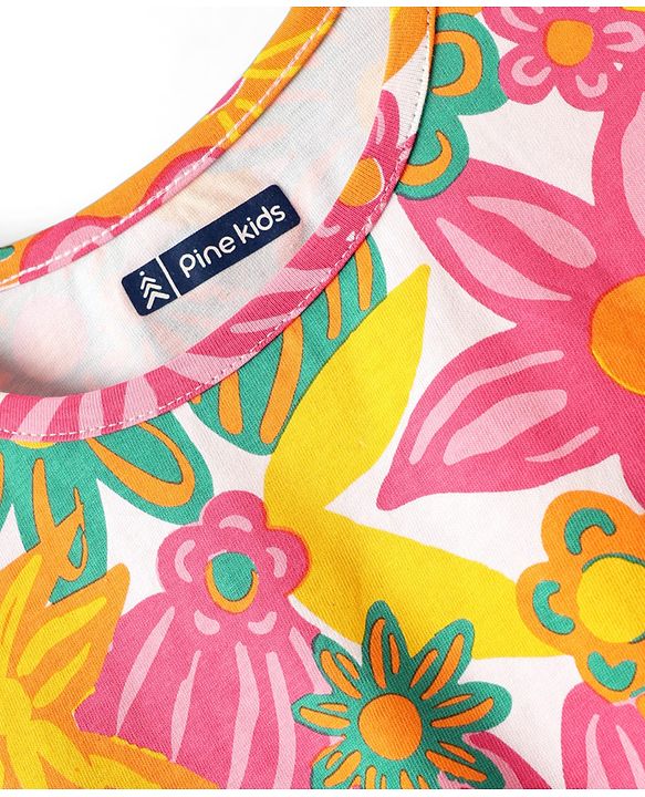 Pine Kids Cotton Knit Half Drop Shoulder Sleeves T-Shirt with Floral Print - Pink