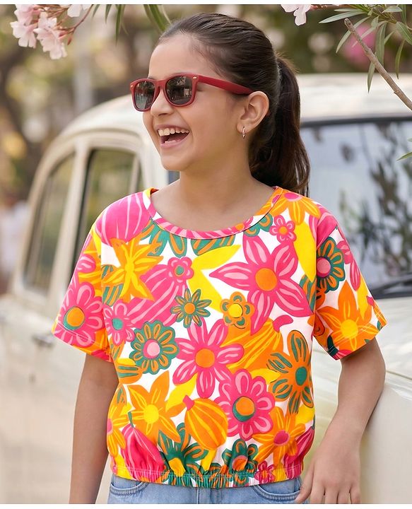 Pine Kids Cotton Knit Half Drop Shoulder Sleeves T-Shirt with Floral Print - Pink
