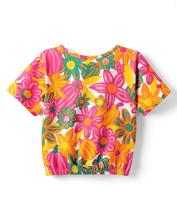 Pine Kids Cotton Knit Half Drop Shoulder Sleeves T-Shirt with Floral Print - Pink