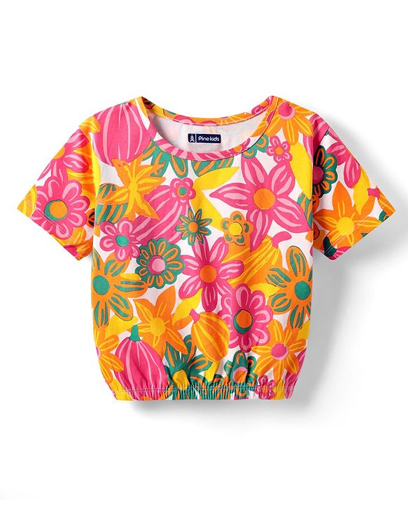 Pine Kids Cotton Knit Half Drop Shoulder Sleeves T-Shirt with Floral Print - Pink