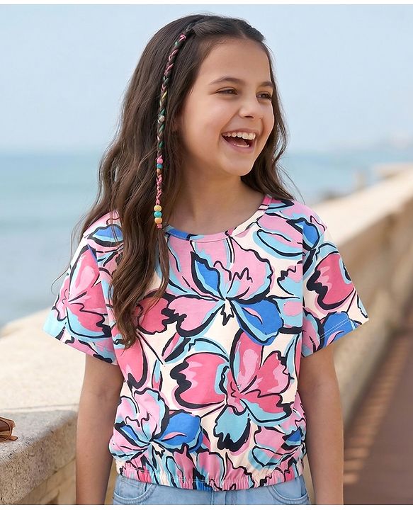 Pine Kids Cotton Knit Half Sleeves T-Shirt with Floral Print - Pink