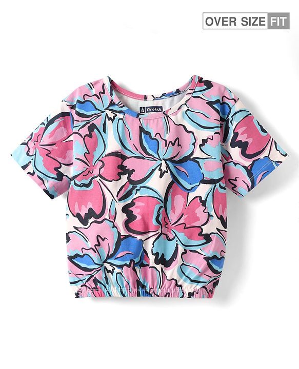 Pine Kids Cotton Knit Half Sleeves T-Shirt with Floral Print - Pink