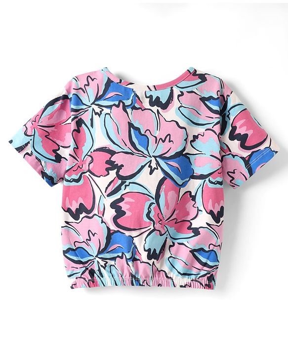 Pine Kids Cotton Knit Half Sleeves T-Shirt with Floral Print - Pink