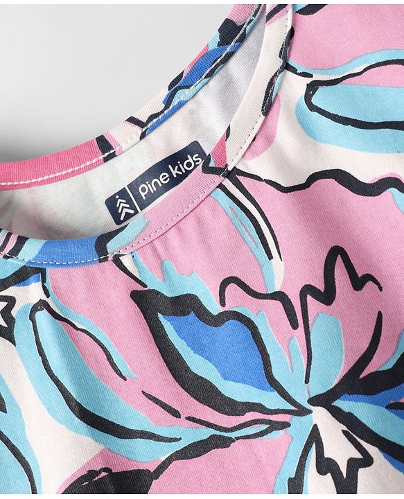 Pine Kids Cotton Knit Half Sleeves T-Shirt with Floral Print - Pink