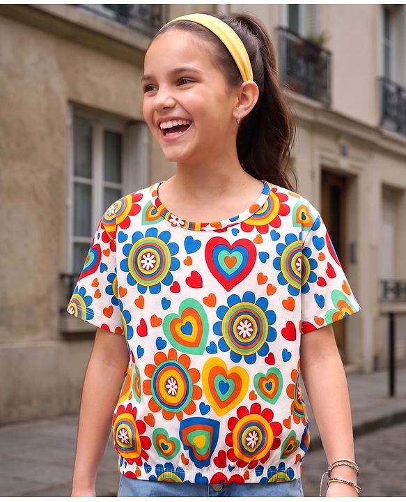 Pine Kids Cotton Knit Half Sleeves T-Shirt with Floral & Hearts Print - White
