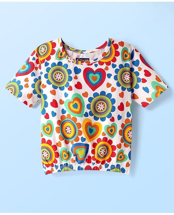 Pine Kids Cotton Knit Half Sleeves T-Shirt with Floral & Hearts Print - White