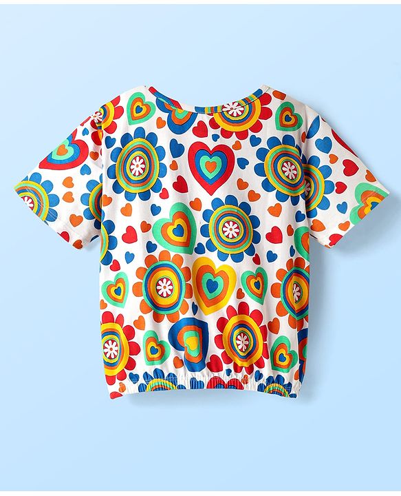 Pine Kids Cotton Knit Half Sleeves T-Shirt with Floral & Hearts Print - White