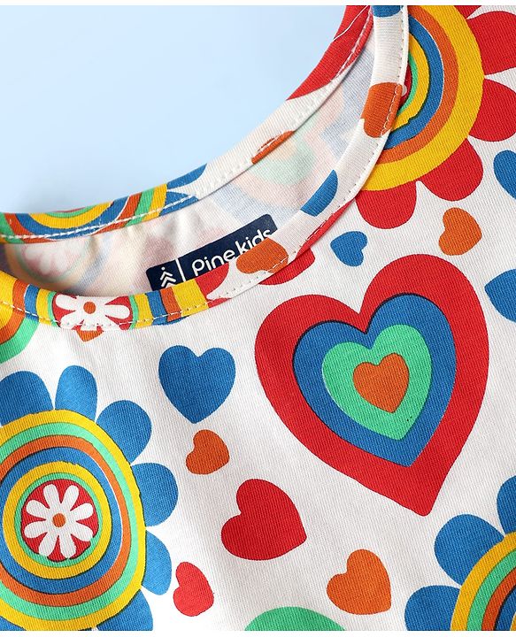 Pine Kids Cotton Knit Half Sleeves T-Shirt with Floral & Hearts Print - White