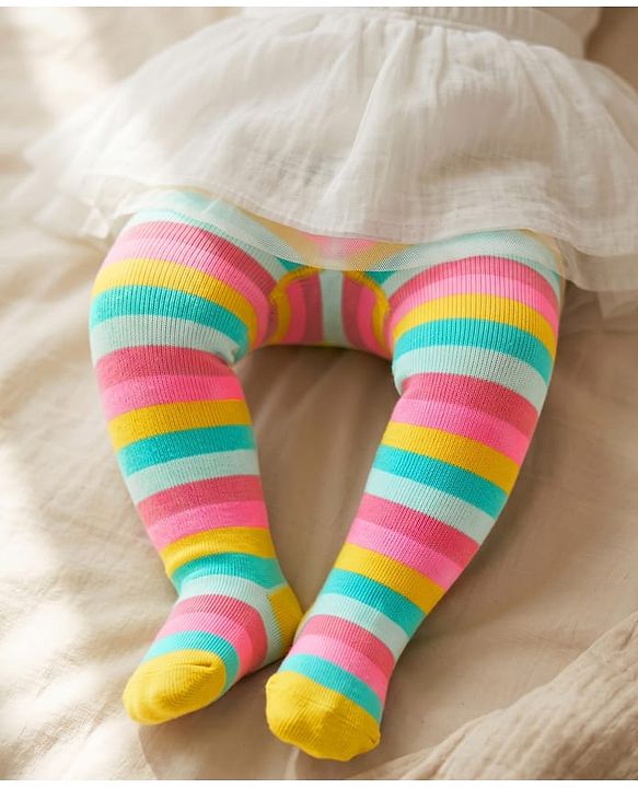 Cute Walk by Babyhug Knit Antibacterial Striped Footed Tights - Pink Blue & Yellow