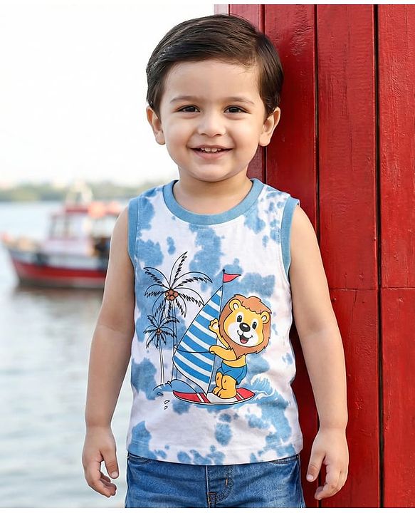 Babyhug Cotton Knit Sleeveless Tank T-Shirt with Beach Theme Print - White