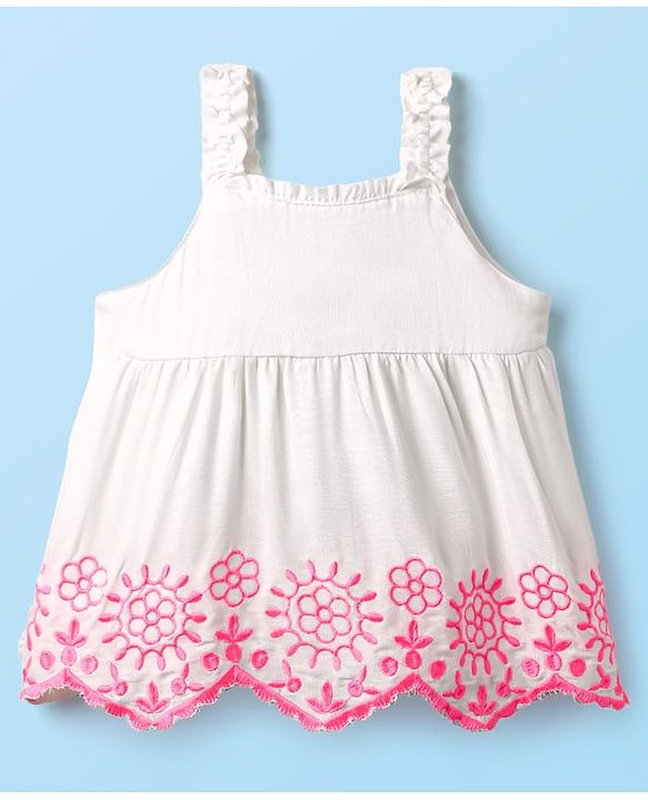 Babyhug Woven Sleeveless Top With Floral Embroidery - White