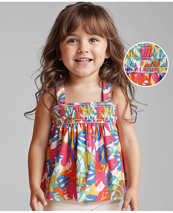 Babyhug Sleeveless Top with Tropical Print & Smock Detailing- Red & White