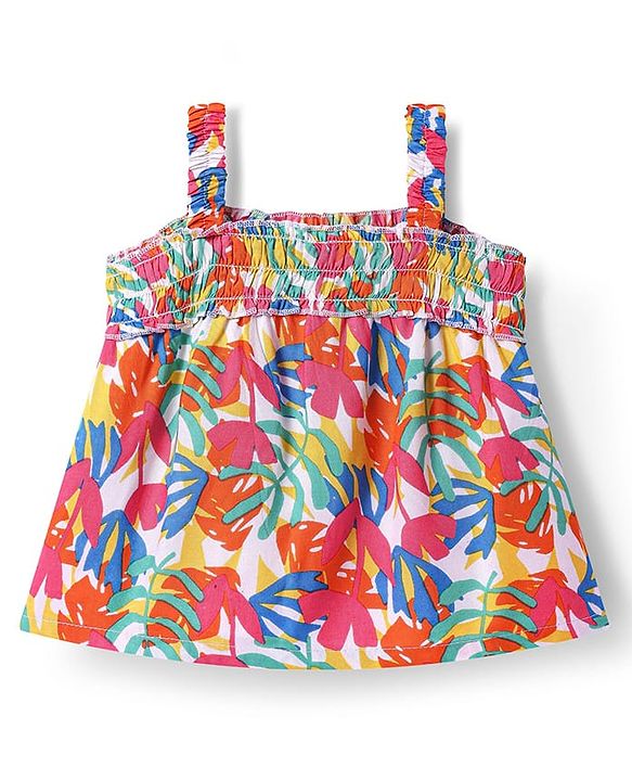 Babyhug Sleeveless Top with Tropical Print & Smock Detailing- Red & White