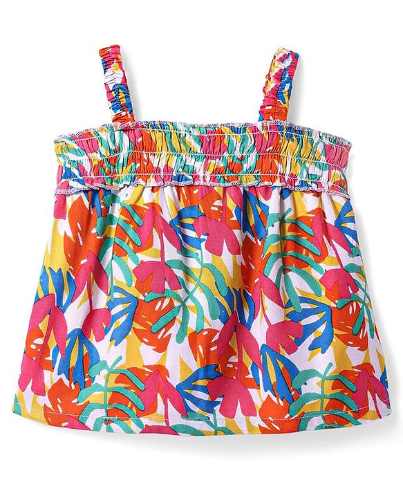 Babyhug Sleeveless Top with Tropical Print & Smock Detailing- Red & White